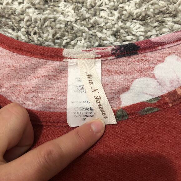 Now N Forever (M) Floral Colorblock Waffle Knit 3/4 Sleeve Top Suede Pocket - Picture 9 of 11